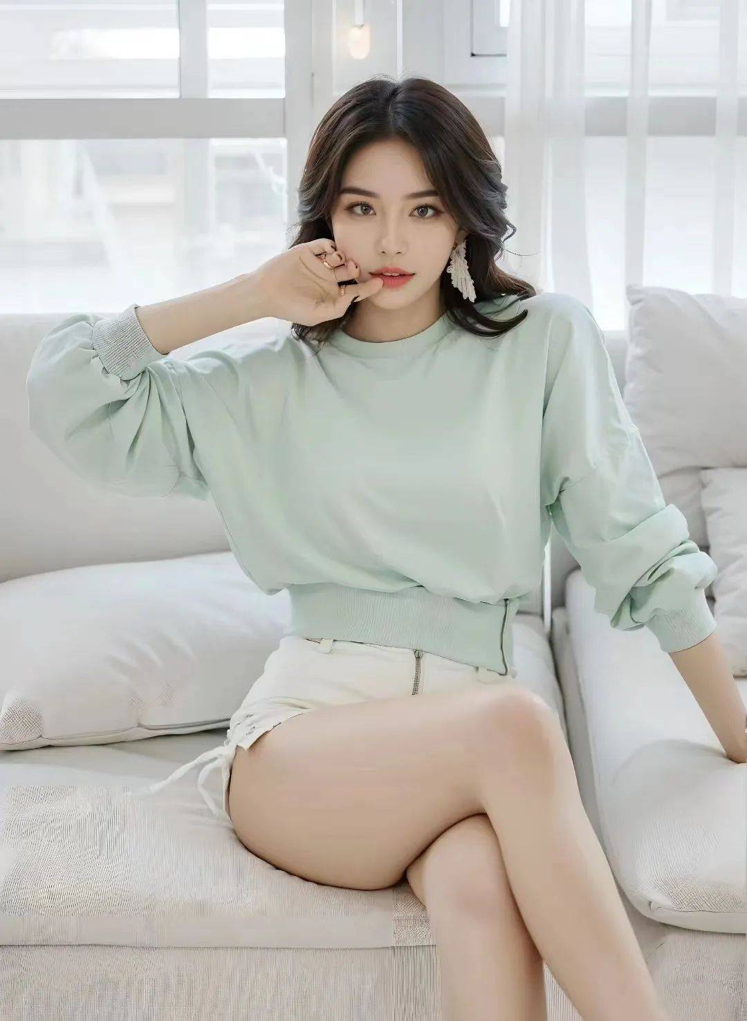 Long-legged beauty with white pants, light blue shirt, beautiful and seductive long legs